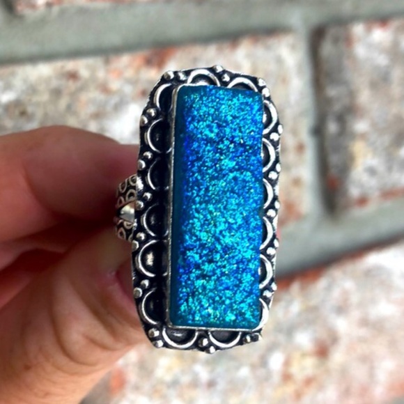 Sterling Silver 925 Rectangle Titanium Druzy Gemstone Handmade Ring Size 8 - Picture 2 of 6